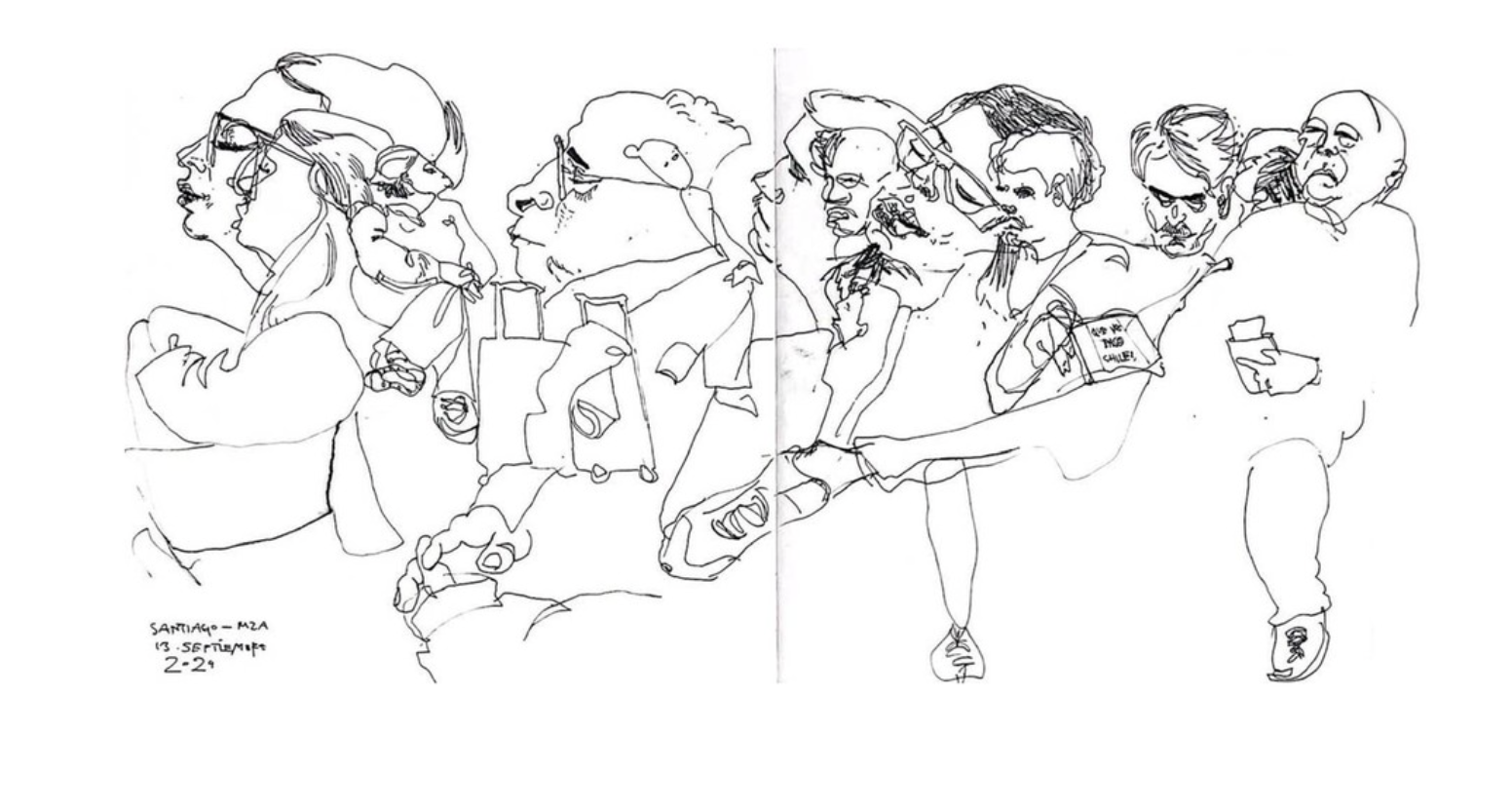 Dibujo a tinta de línea continua a doble página con viajeros de perfil, valijas y mochilas, esperando en un aeropuerto.