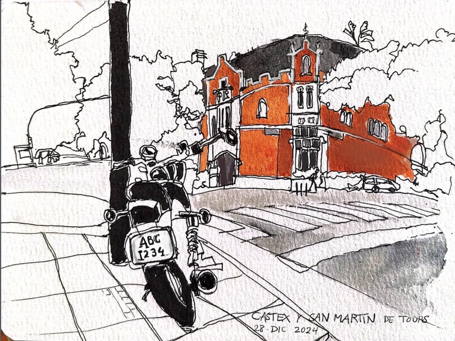 Acuarela y tinta de una esquina con una moto estacionada junto a un poste y un edificio neogótico de ladrillo naranja enfrente.