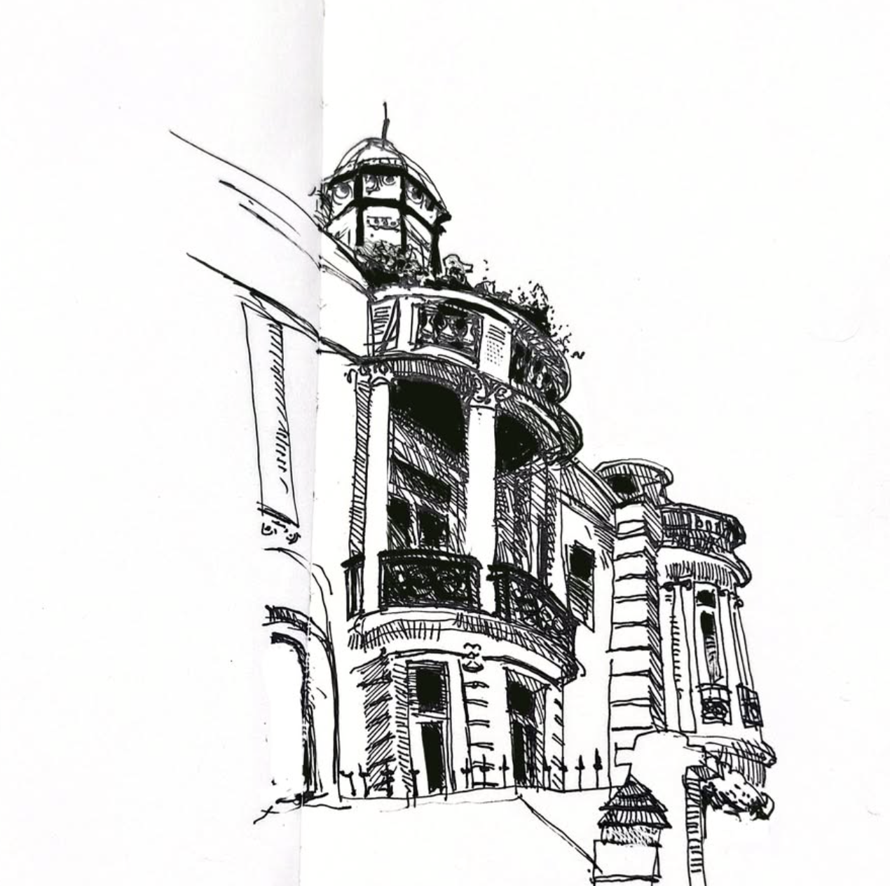 Croquis a tinta de un edificio en esquina coronado por una cúpula, con balcones curvos y columnas ornamentadas.
