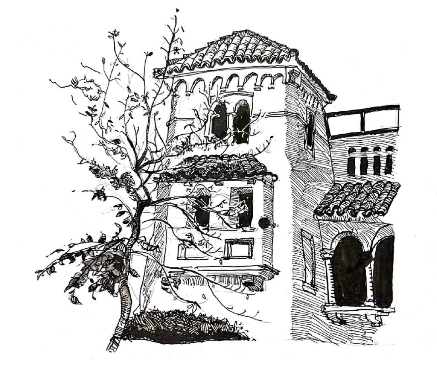 Croquis a tinta de una casa de estilo mediterráneo enmarcada por un árbol de ramas delicadas, con un toque de aguada.