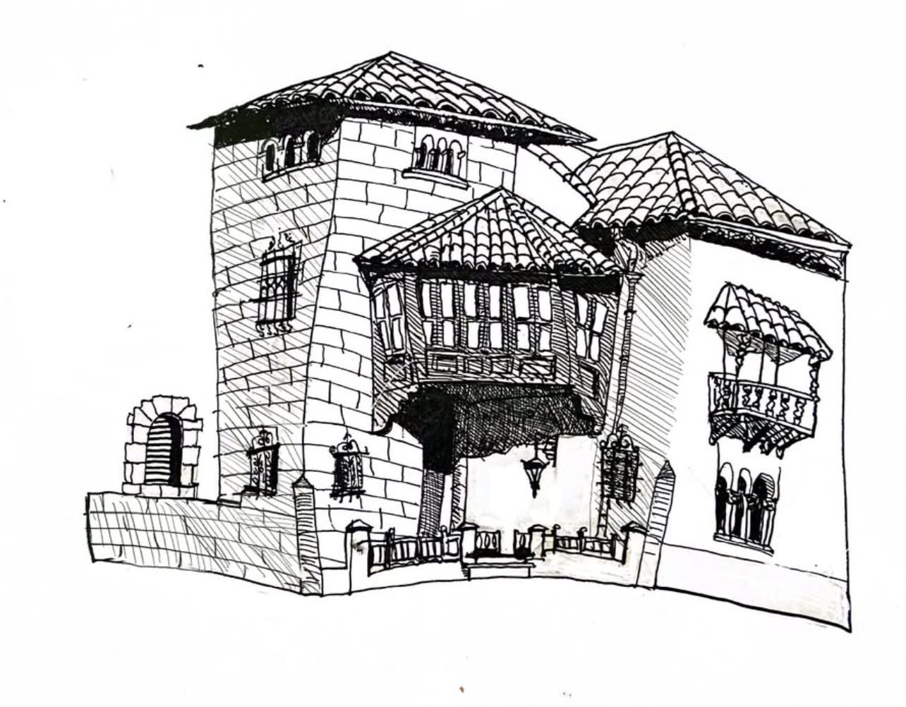 Croquis a tinta de una casa de piedra con torre, techos de tejas y un mirador vidriado en voladizo.