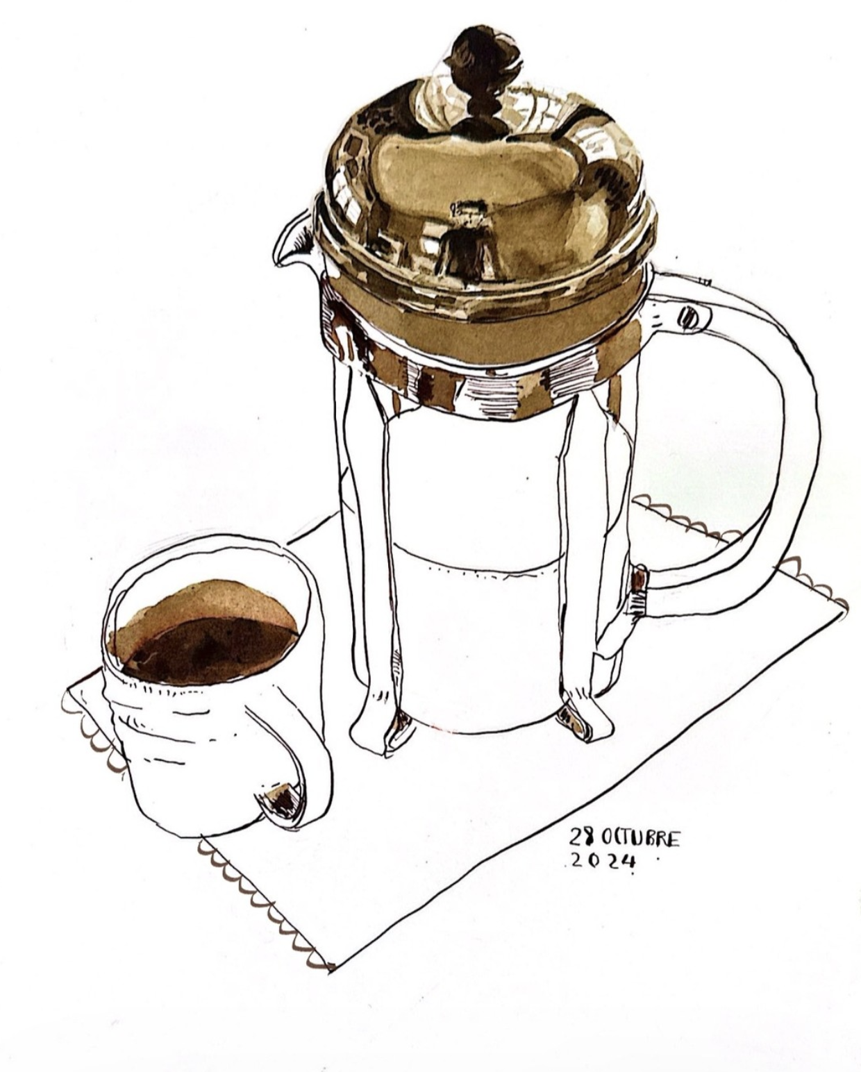 Acuarela y tinta de una cafetera de émbolo de vidrio con tapa cromada, junto a una taza de café, sobre una servilleta.